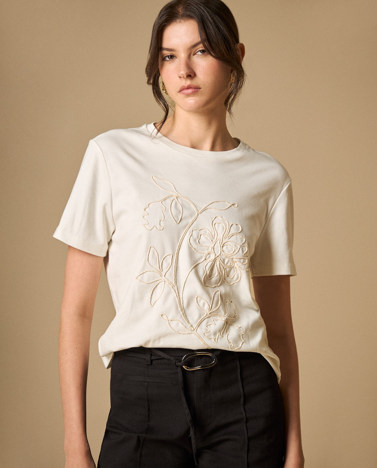 Camiseta manga corta con bordados florales para mujer - Blanco 34_101H002_BLA114202_4