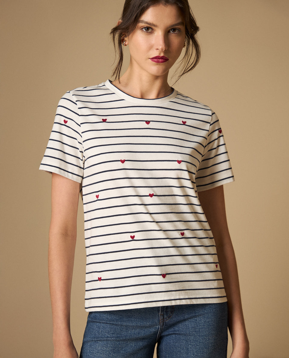Camiseta rayas con estampado de corazones para mujer - Crudo 34_101H008_CRU110604_3