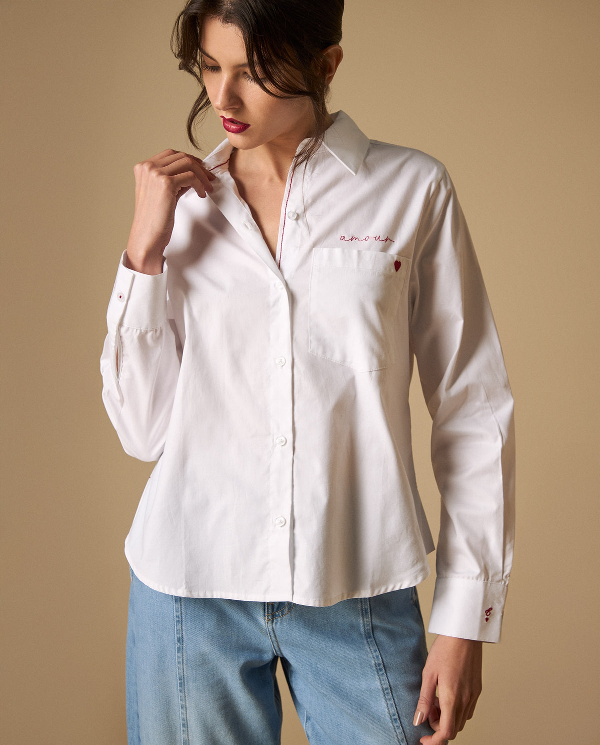 Camisa clásica con bordados tipográficos para mujer - Blanco 34_111H003_BLA110601_0