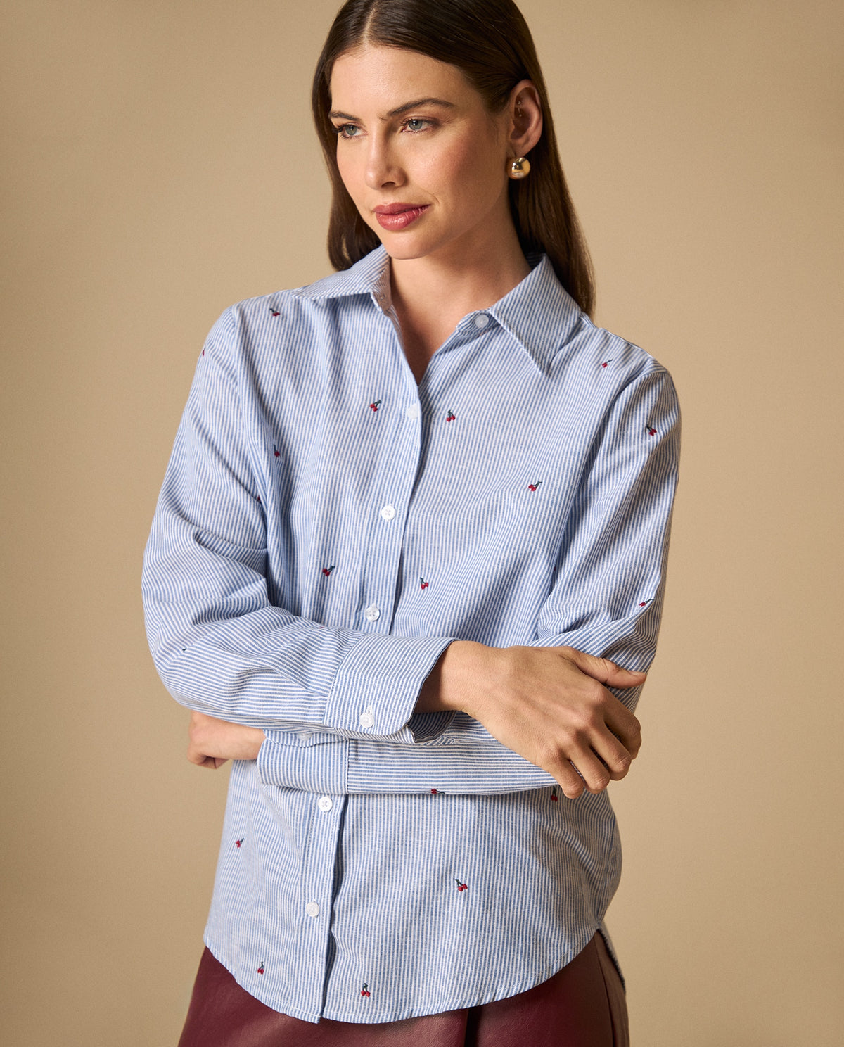 Camisa rayas con bordados pequeños para mujer - Azul 34_111H010_AZU144516_0