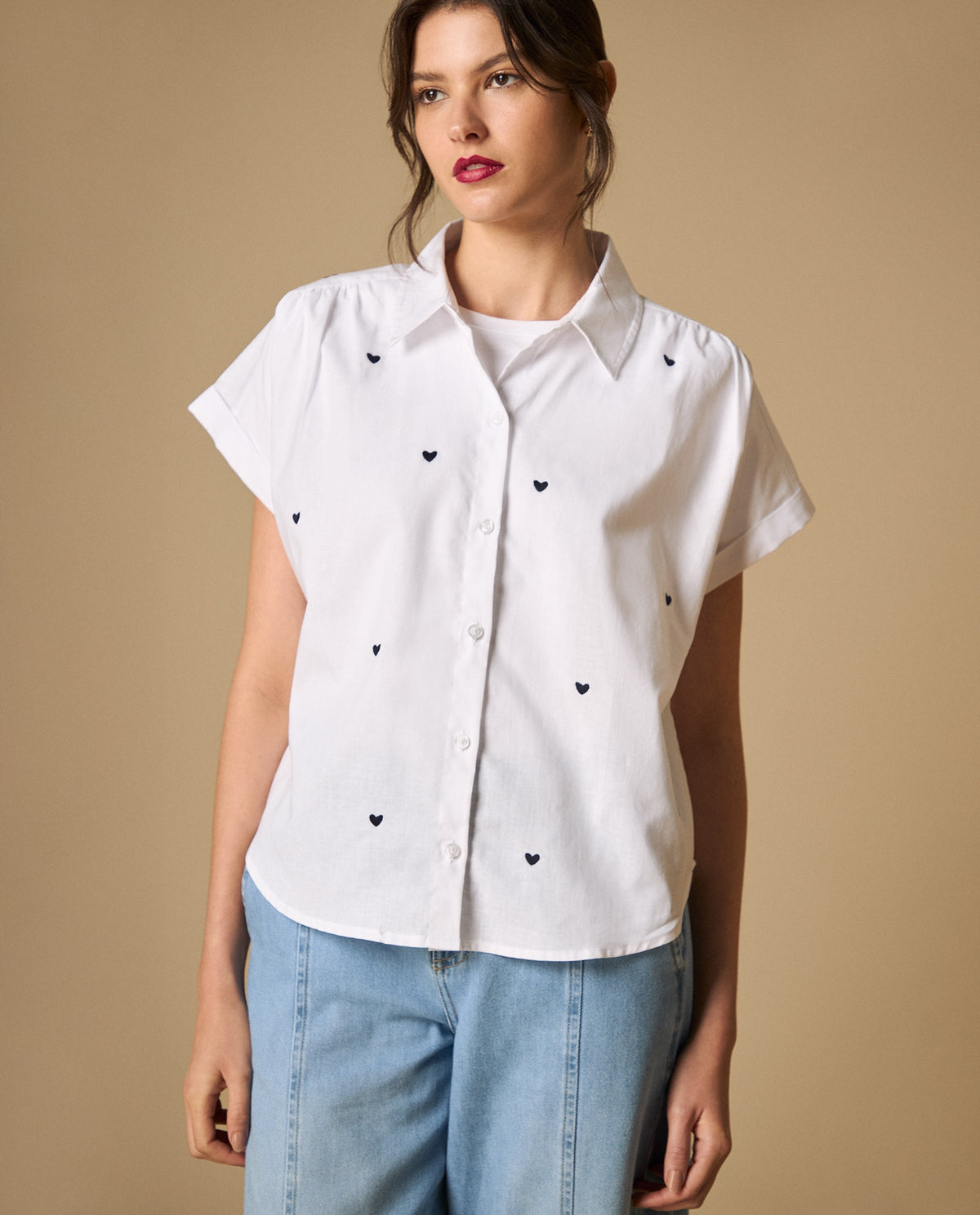Camisa manga larga con estampado de corazones para mujer - Blanco 34_111H012_BLA110601_0