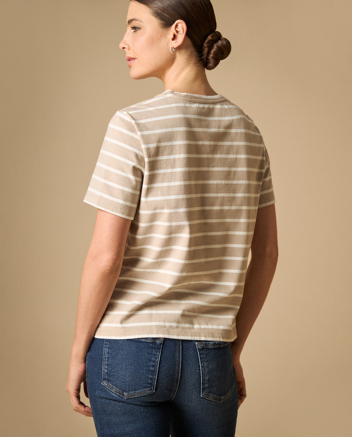 Camiseta manga corta con rayas y mensaje bordado para mujer - Beige 34_401H007_BEI151114_4