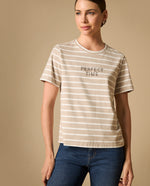 Camiseta manga corta con rayas y mensaje bordado para mujer - Beige 34_401H007_BEI151114_5