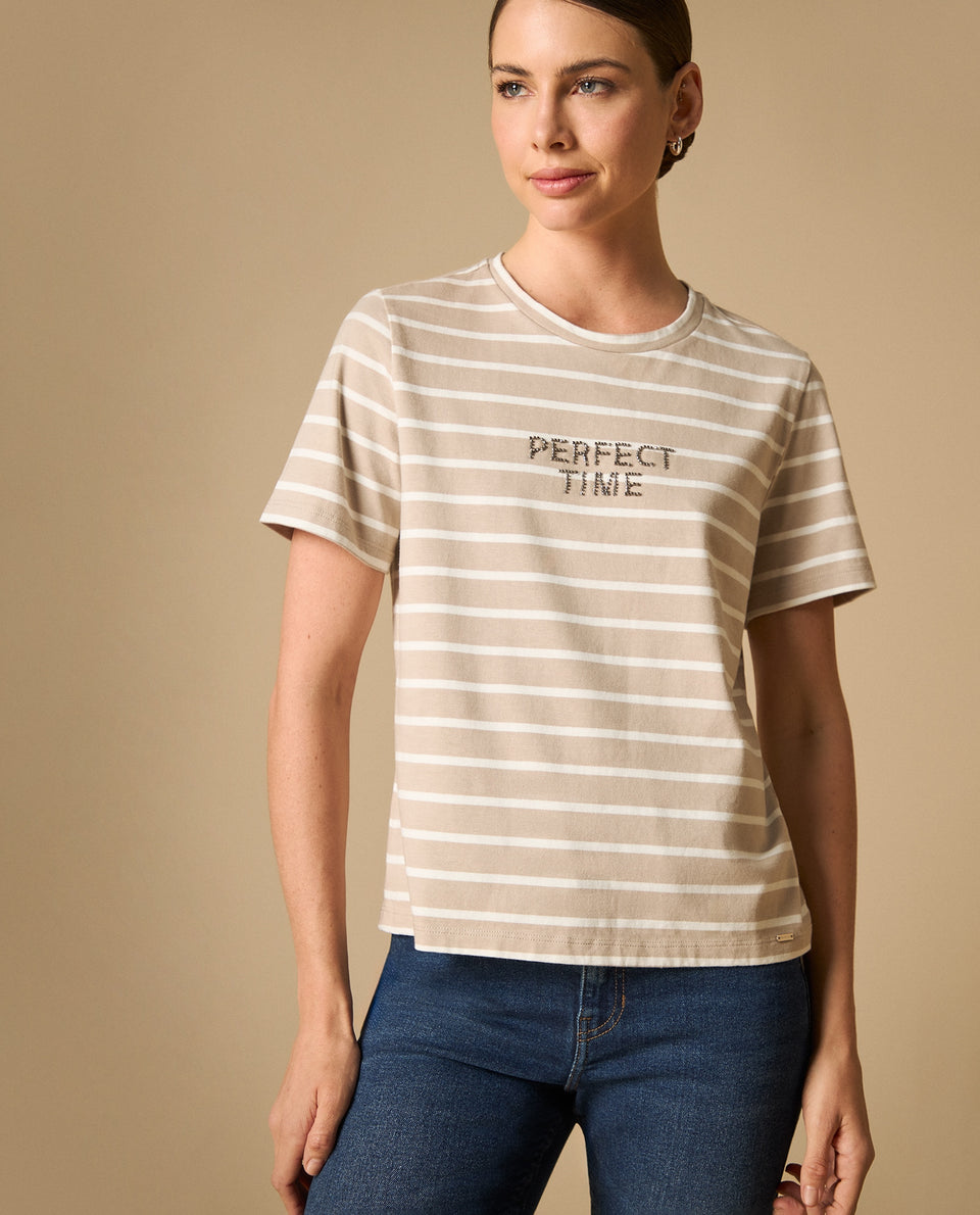 Camiseta manga corta con rayas y mensaje bordado para mujer - Beige 34_401H007_BEI151114_5