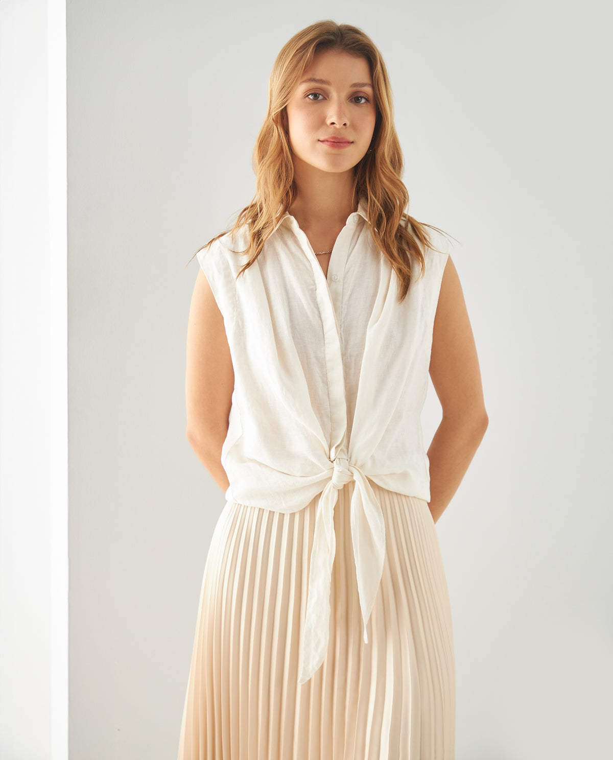 Camisa anudable en ruedo para mujer - Crudo 34_411F037_CRU110602_0