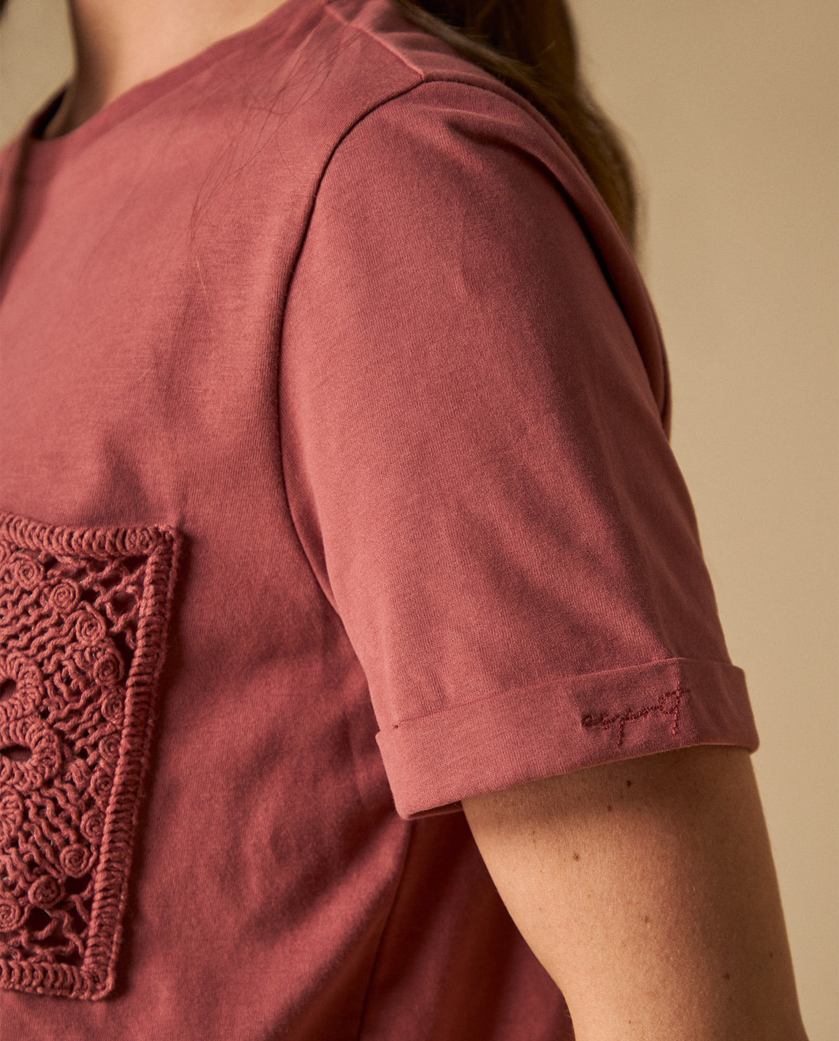 Camiseta manga corta con bolsillo de encaje para mujer - Rosa 34_601H000_ROS181435_4