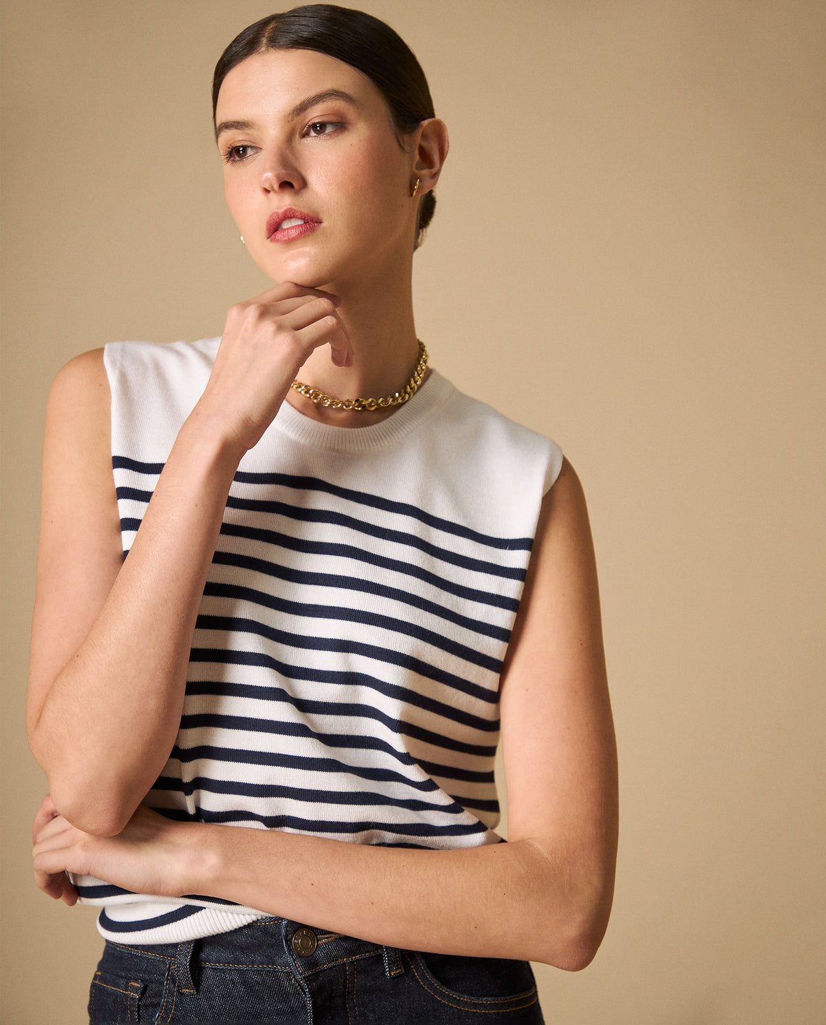 Camiseta tejida sin mangas con rayas horizontales - Crudo 34_601H205_CRU144500_0