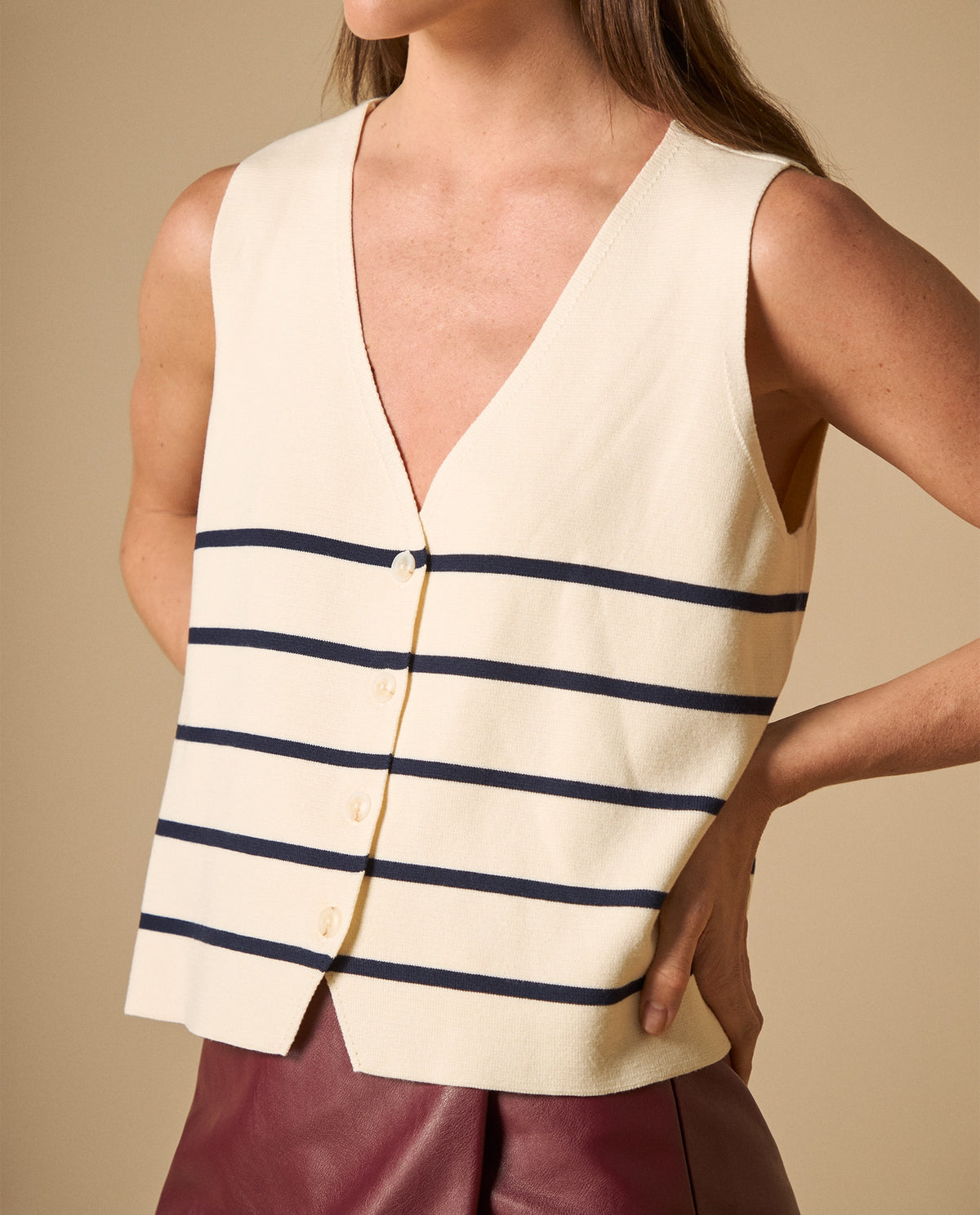 Camiseta tejida sin mangas con rayas horizontales para mujer - Crudo 34_601H206_CRU144500_4