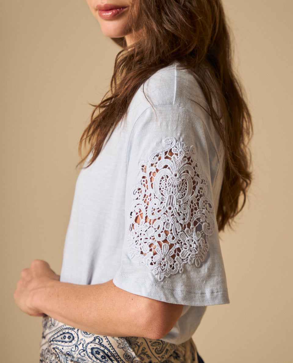 Camiseta manga corta con detalles de encaje para mujer - Azul 34_601H221_AZU144306_3