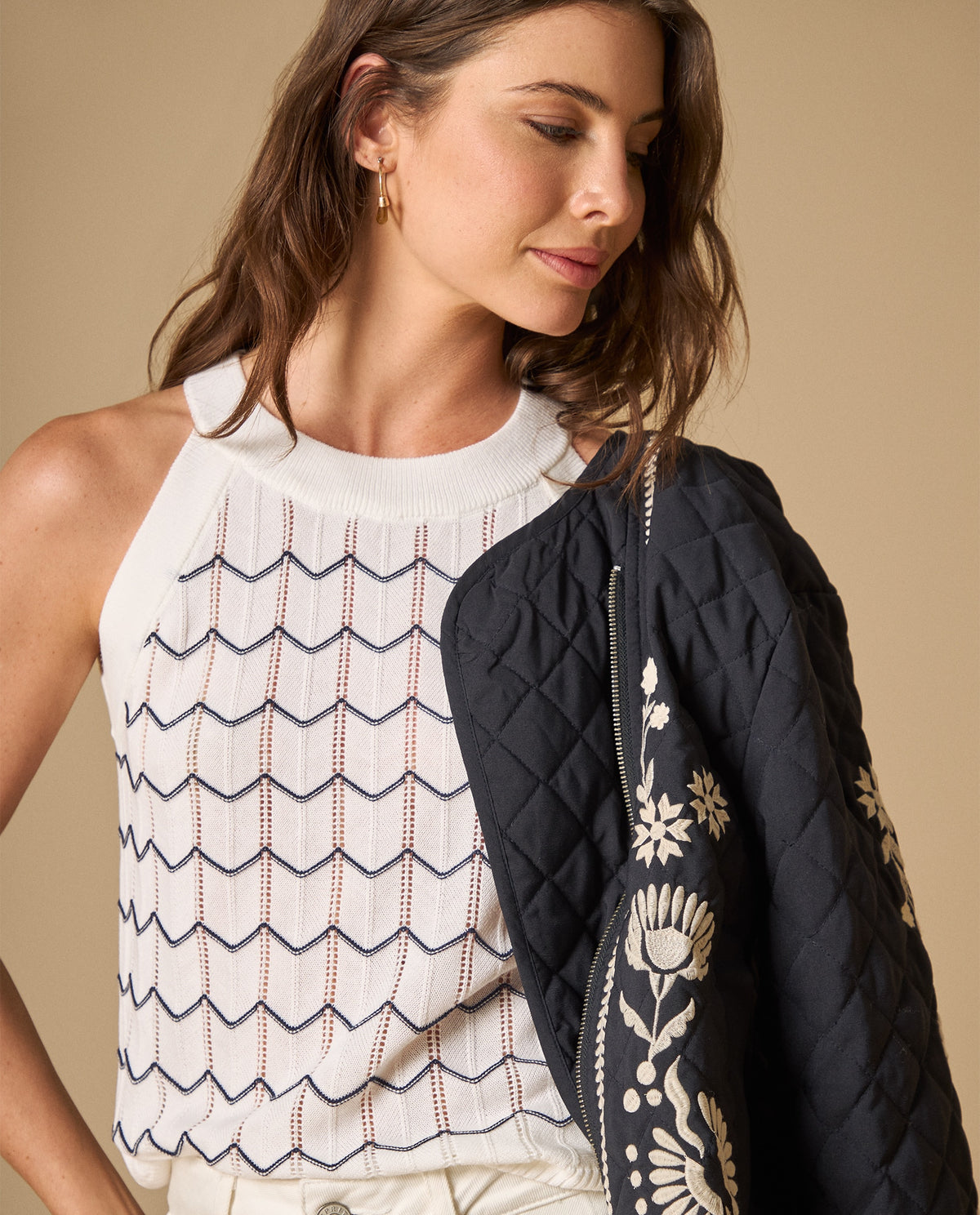 Camiseta sin mangas con patrón geométrico para mujer - Crudo 34_601H222_CRU111001_0