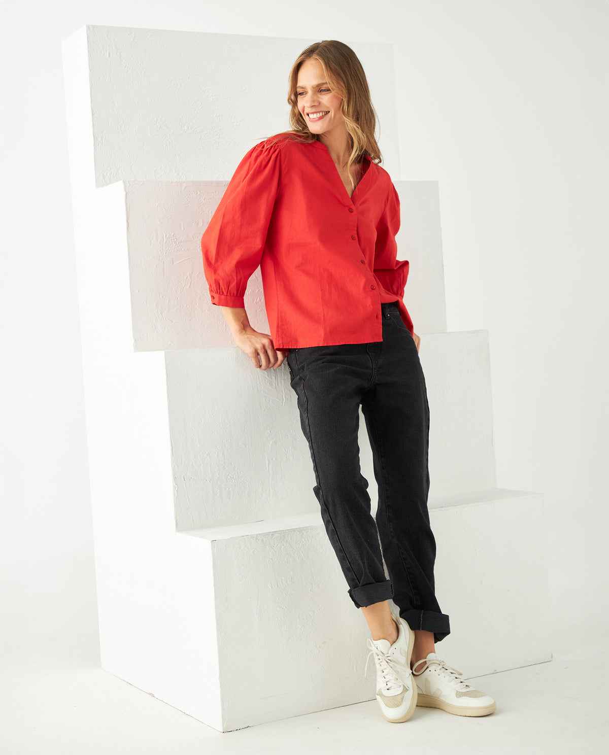 Camisa con escote en V para mujer - Naranja 34_611F047_NAR181555_3