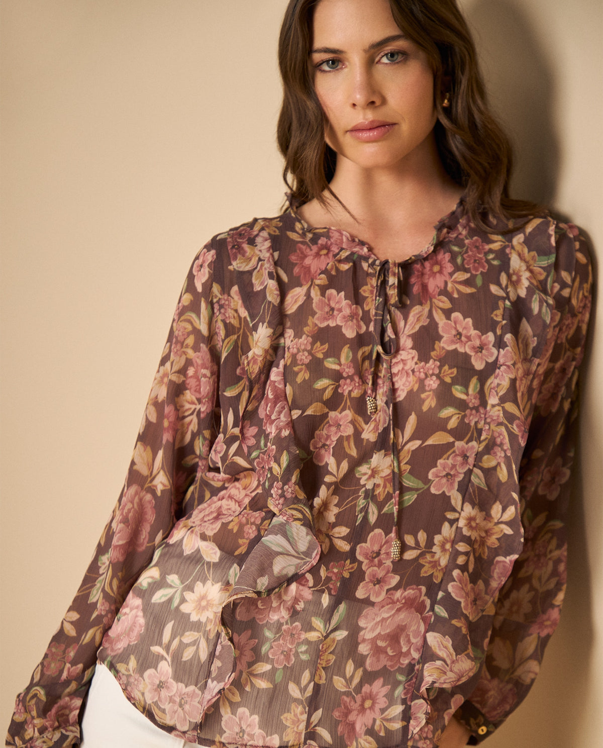 Camisa manga larga con estampado floral y cordones - Morado 34_611H001_MOR191619_0