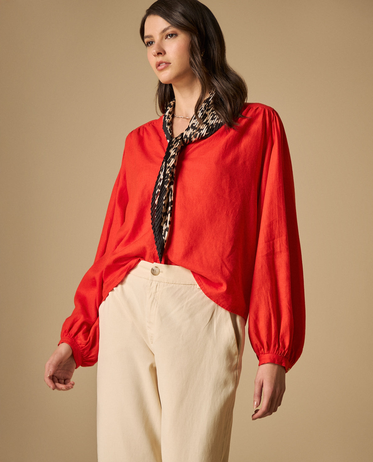 Camisa manga abombada con cuello estampado para mujer - Rojo 34_611H017_ROJ171564_0