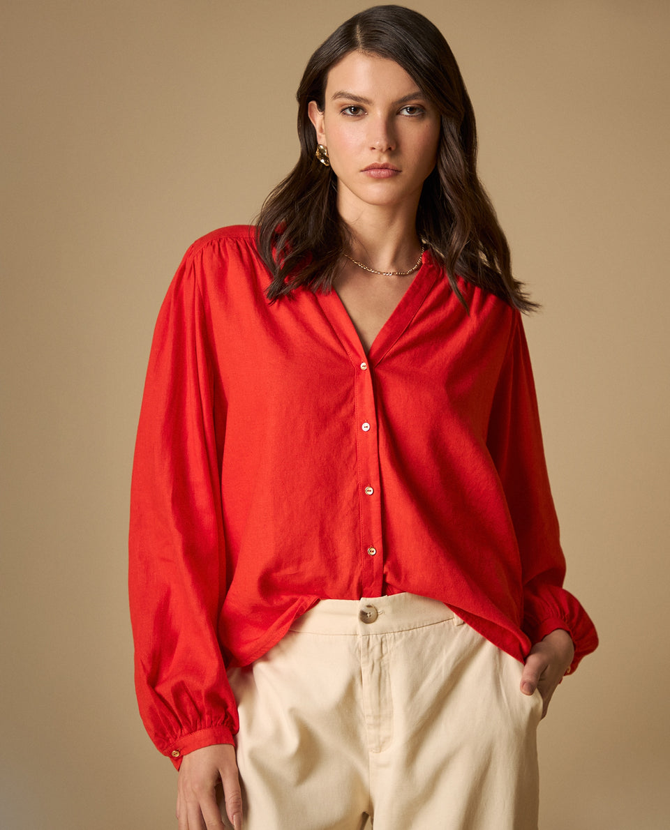 Camisa manga abombada con cuello estampado para mujer - Rojo 34_611H017_ROJ171564_3