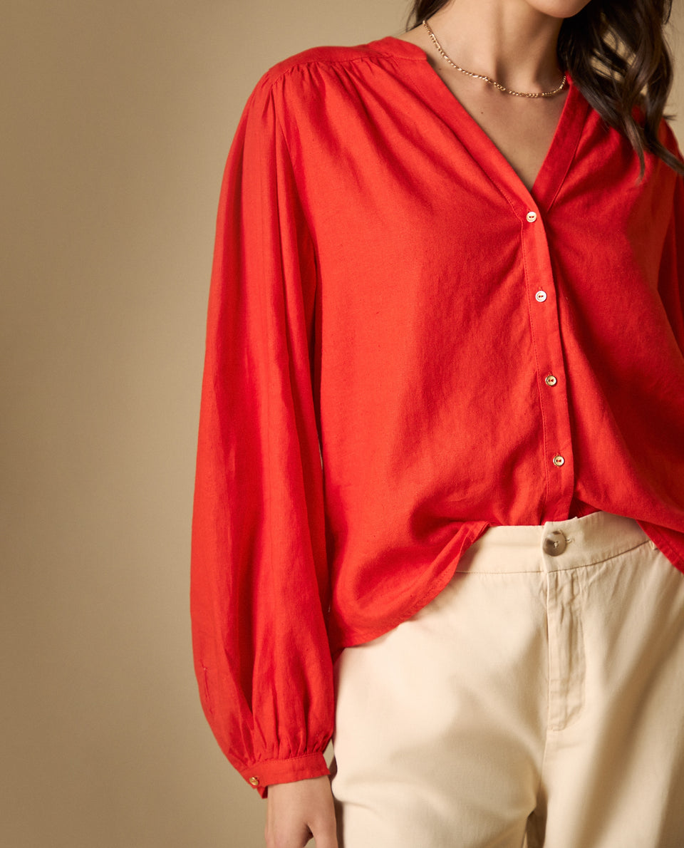 Camisa manga abombada con cuello estampado para mujer - Rojo 34_611H017_ROJ171564_4