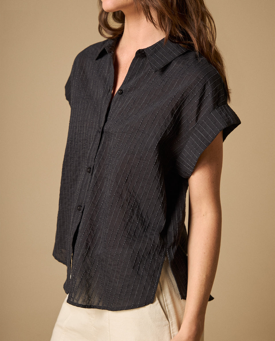 Camisa manga corta con rayas finas verticales para mujer - Negro 34_611H020_NEG190303_4