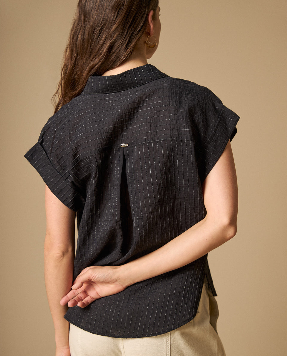 Camisa manga corta con rayas finas verticales para mujer - Negro 34_611H020_NEG190303_5