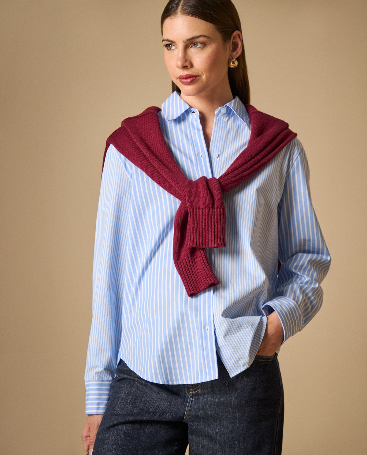 Camisa clásica con bufanda tejida incluida para mujer - Azul 34_611H030_AZU194050_3