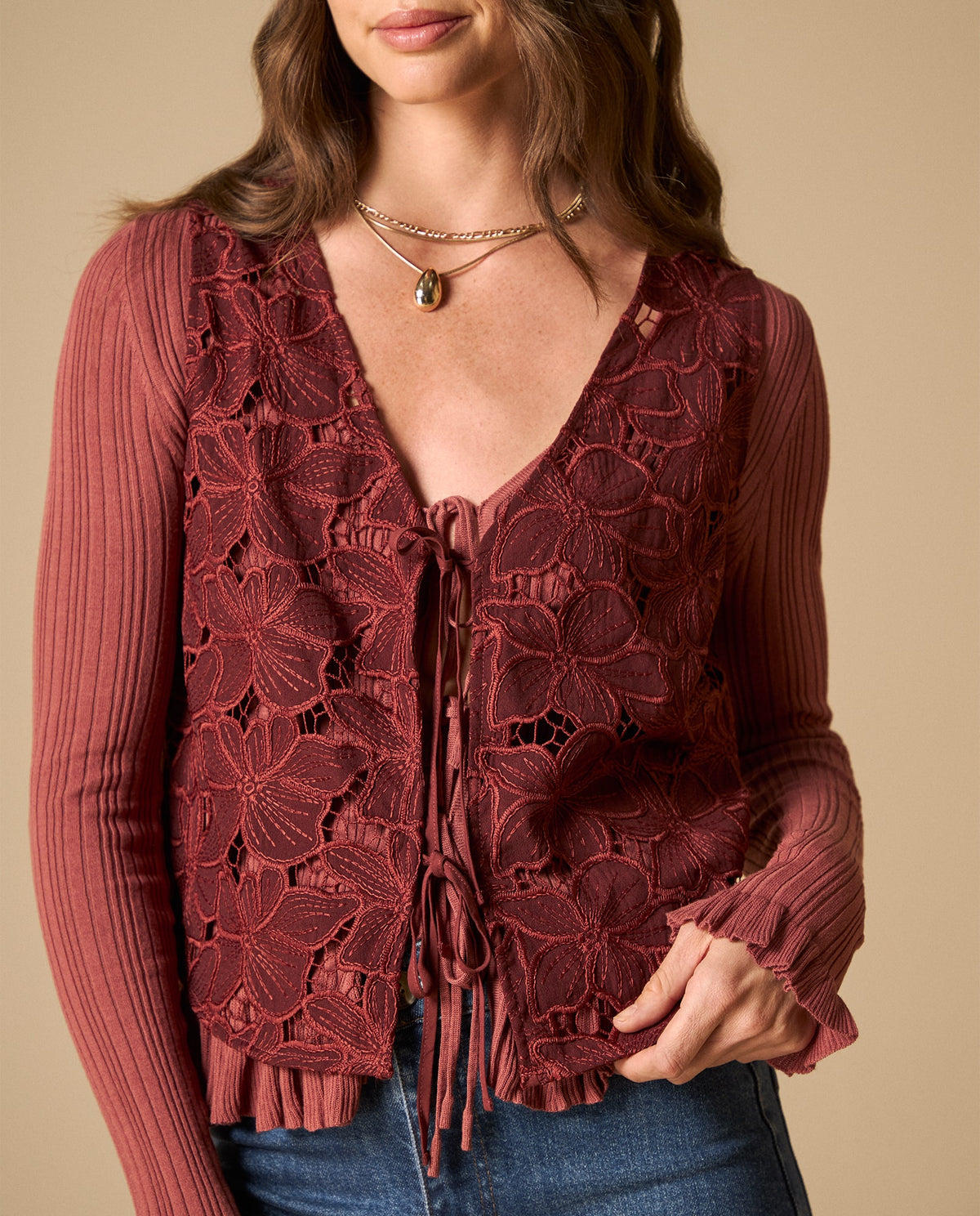 Camisa con encaje floral y mangas acanaladas para mujer - Morado 34_611H031_MOR191619_3