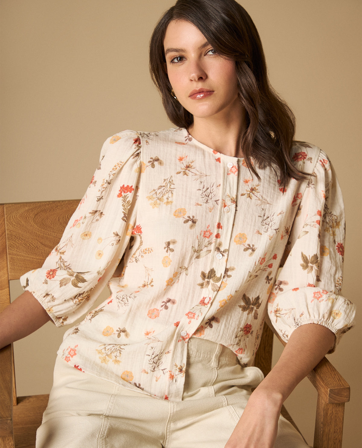 Camisa manga larga con estampado floral y cuello mao para mujer - Blanco 34_611H040_BLA114202_3