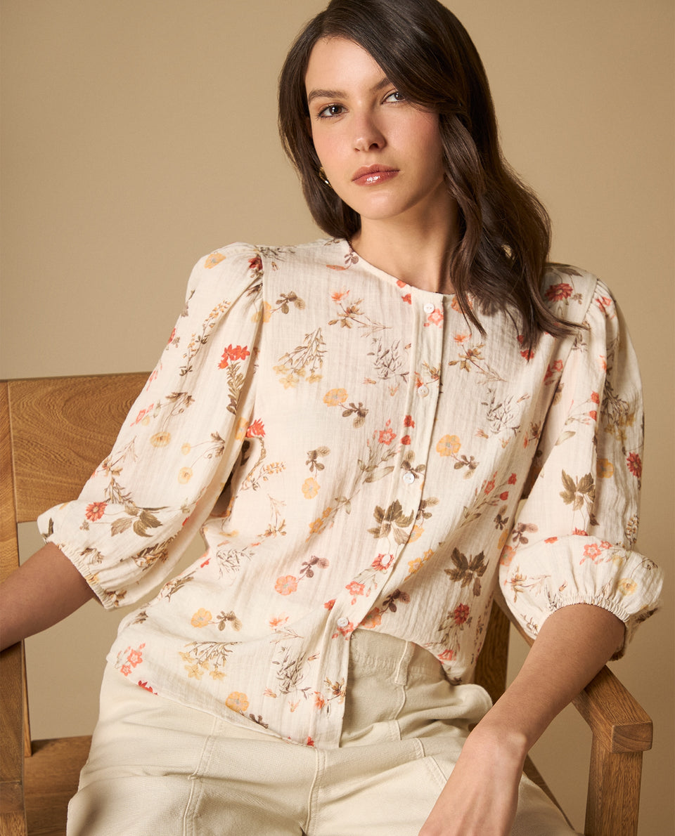 Camisa manga larga con estampado floral y cuello mao para mujer - Blanco 34_611H040_BLA114202_3