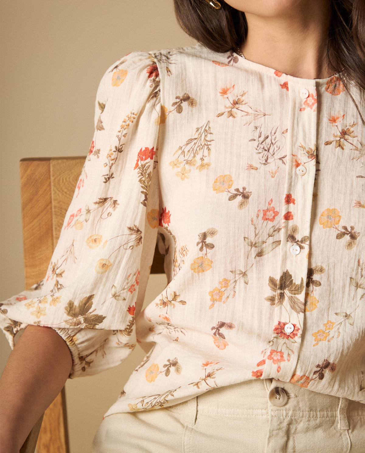 Camisa manga larga con estampado floral y cuello mao para mujer - Blanco 34_611H040_BLA114202_4