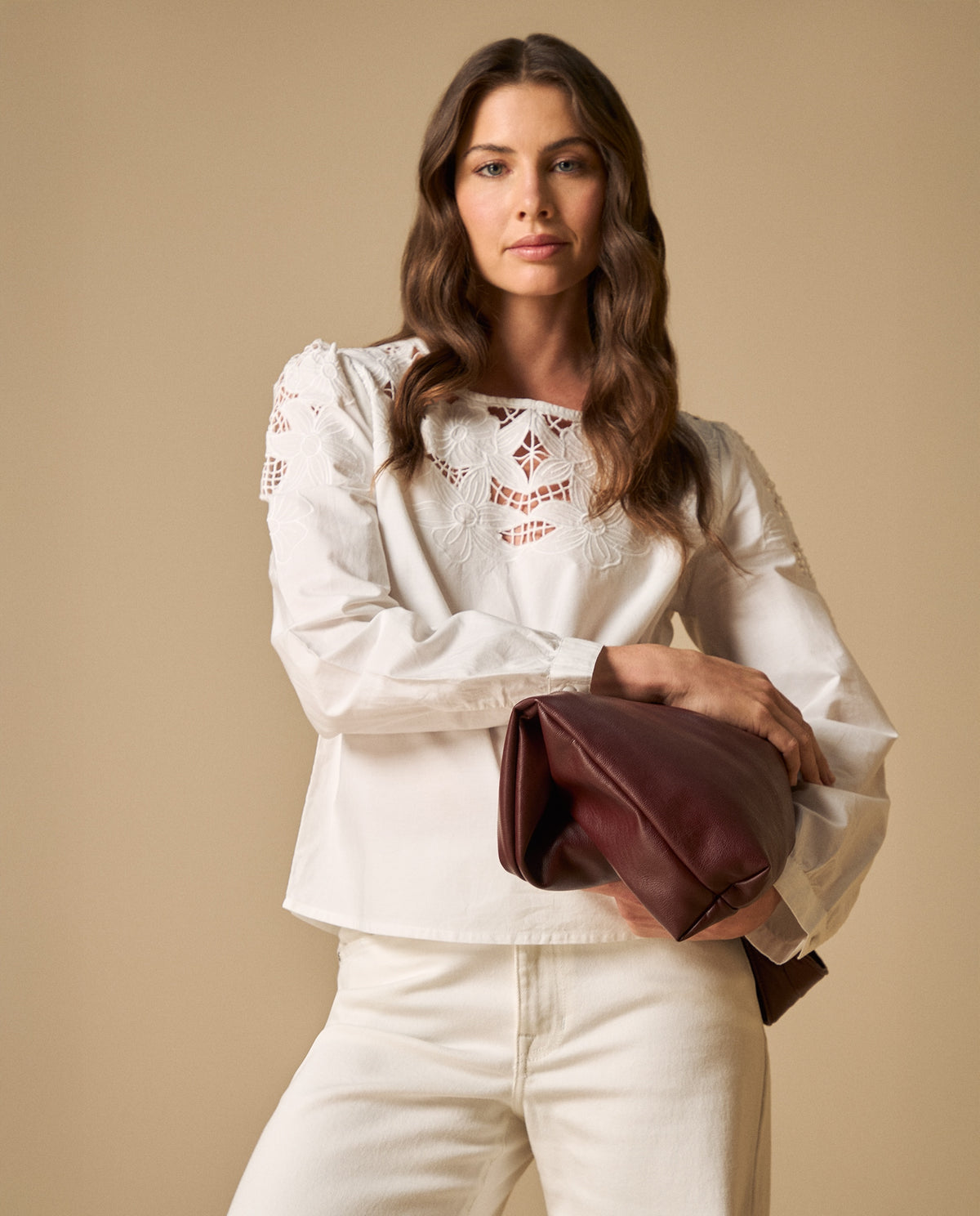 Camisa manga larga con bordados calados para mujer - Blanco 34_611H200_BLA110700_0