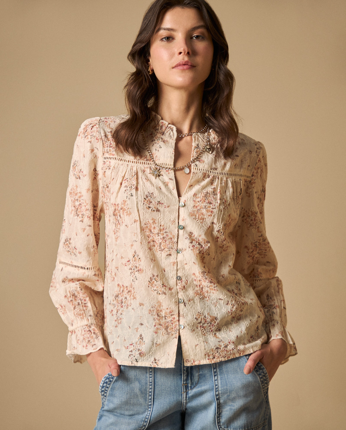 Camisa con bordados artesanales y detalles de encaje - Rosa 34_611H201_ROS111305_0