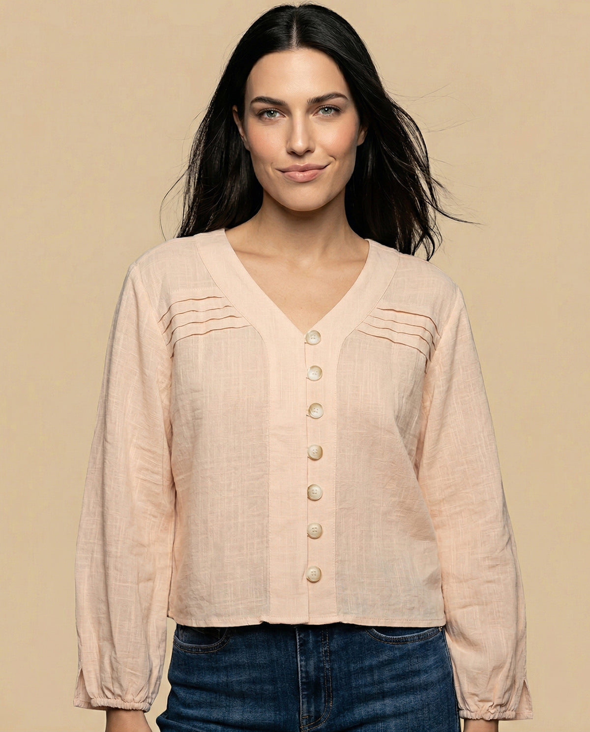 Camisa con escote en V para mujer - Beige 34_615F329_BEI130607_0