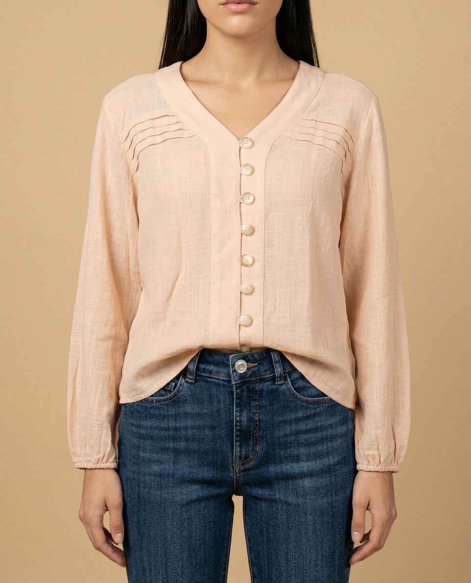 Camisa con escote en V para mujer - Beige 34_615F329_BEI130607_3