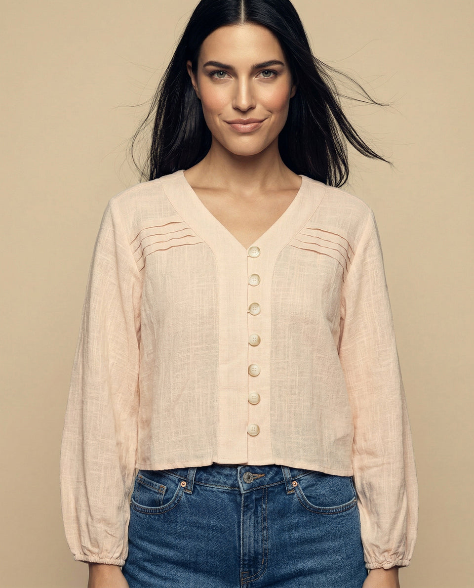 Camisa con escote en V para mujer - Beige 34_615F329_BEI130607_7