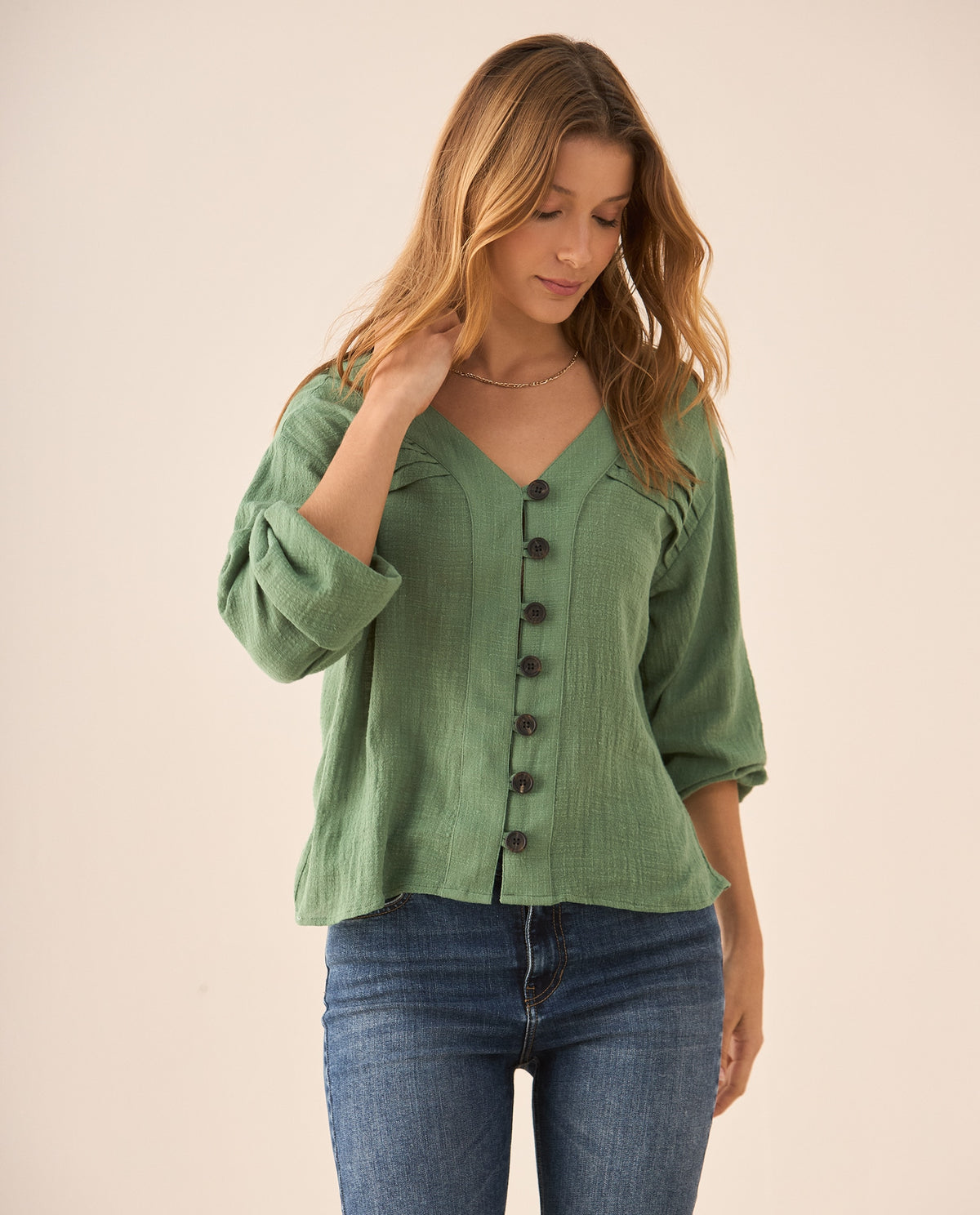 Camisa con escote en V para mujer - Verde 34_615F329_VER144505_3