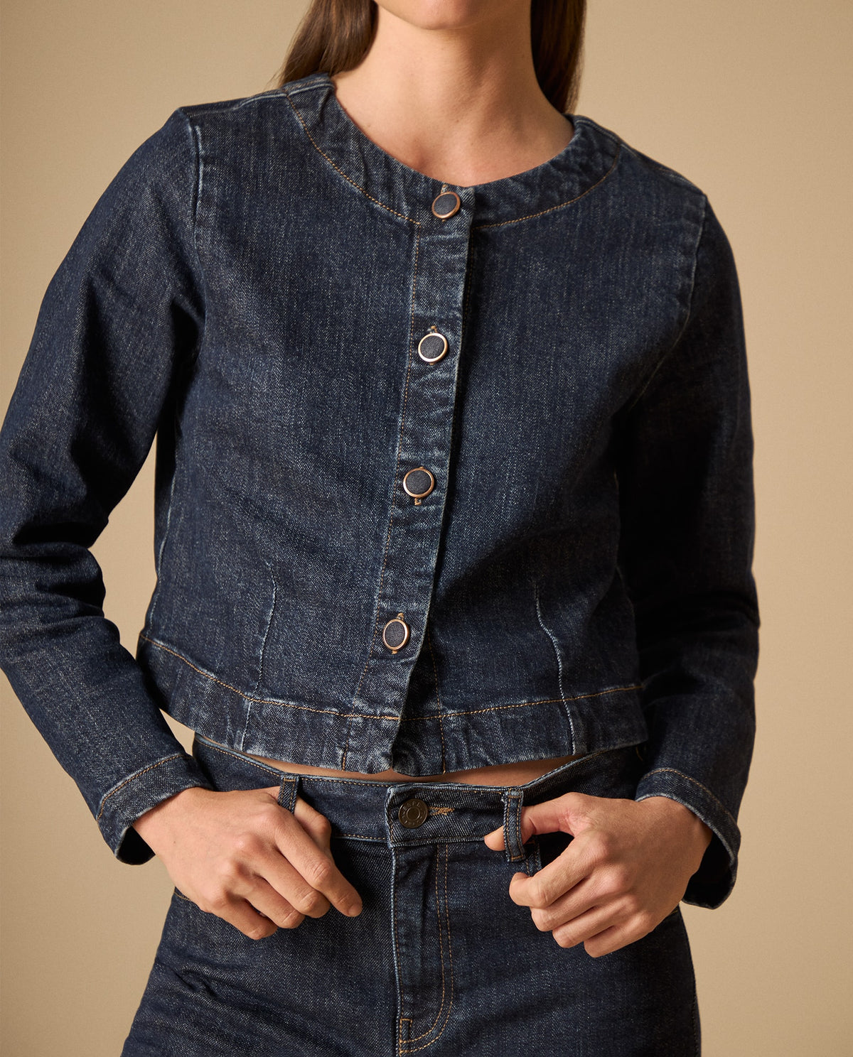Chaqueta crop cuello redondo para mujer - Azul 34_621H000_AZU193924_4