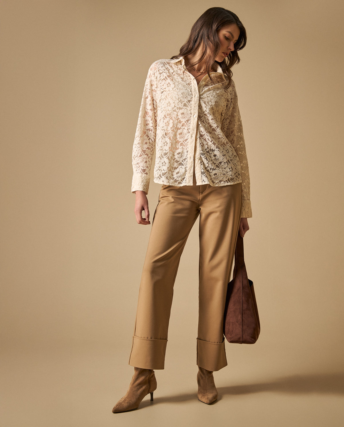 Pantalón cropped con dobladillo para mujer - Beige 34_631H005_BEI171022_0