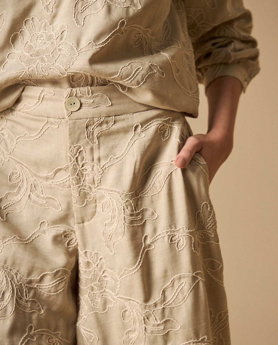 Pantalón palazzo con bordados texturizados para mujer - Beige 34_631H022_BEI151306_4