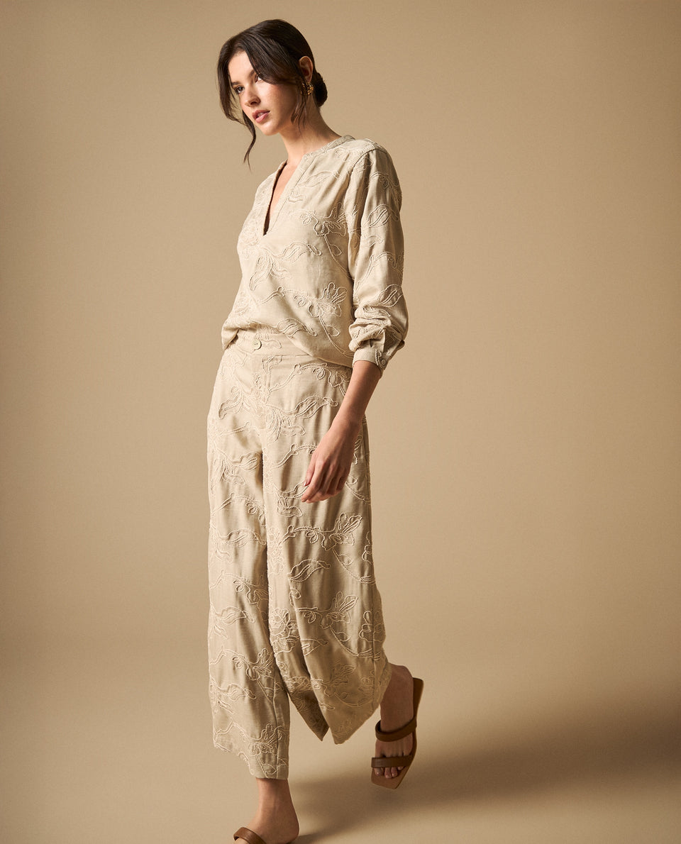 Pantalón palazzo con bordados texturizados para mujer - Beige 34_631H022_BEI151306_7