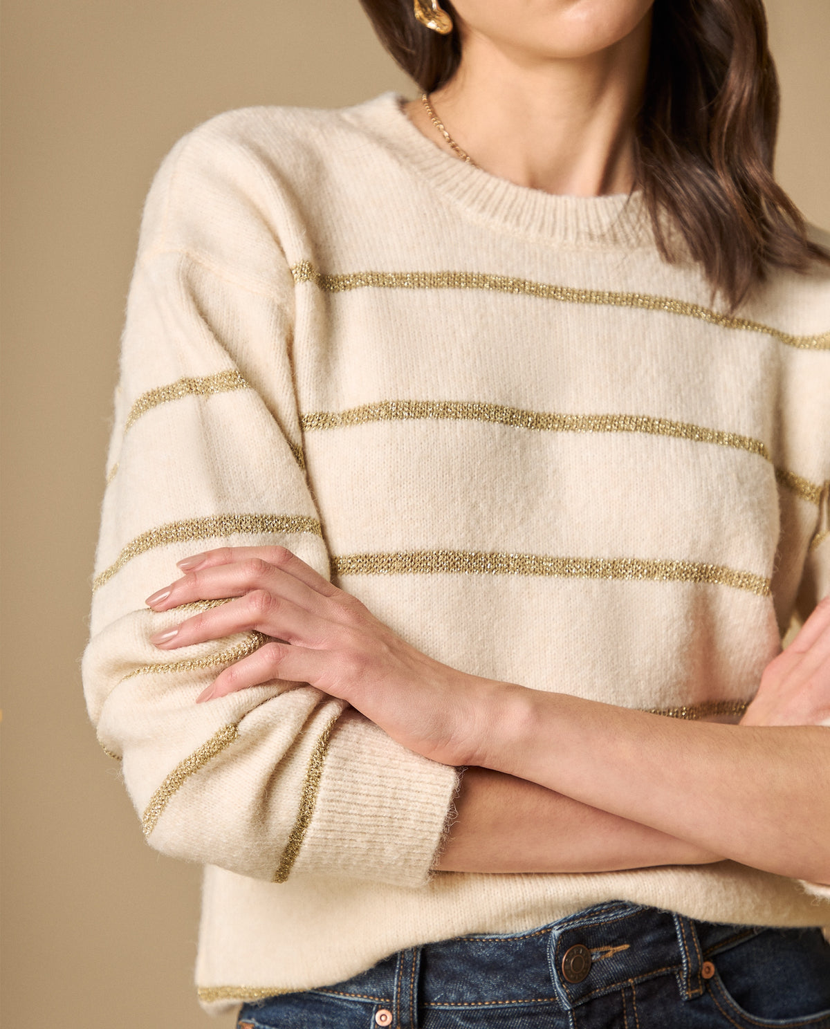 Sweater cuello redondo con rayas metalizadas para mujer - Crudo 34_661H205_CRU120703_3