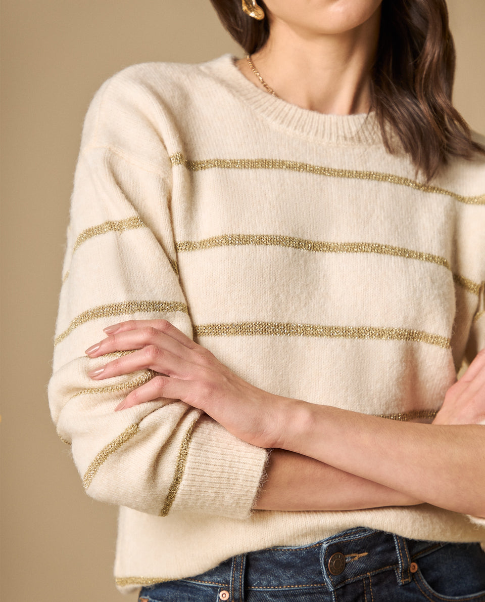 Sweater cuello redondo con rayas metalizadas para mujer - Crudo 34_661H205_CRU120703_3