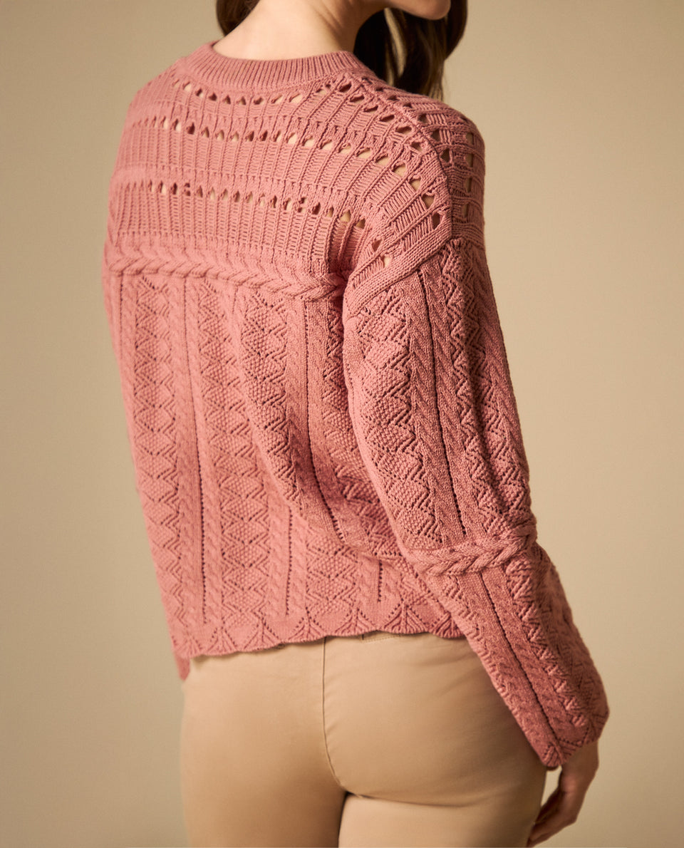 Suéter tejido con patrones de trenzas para mujer - Rosa 34_661H212_ROS141905_5