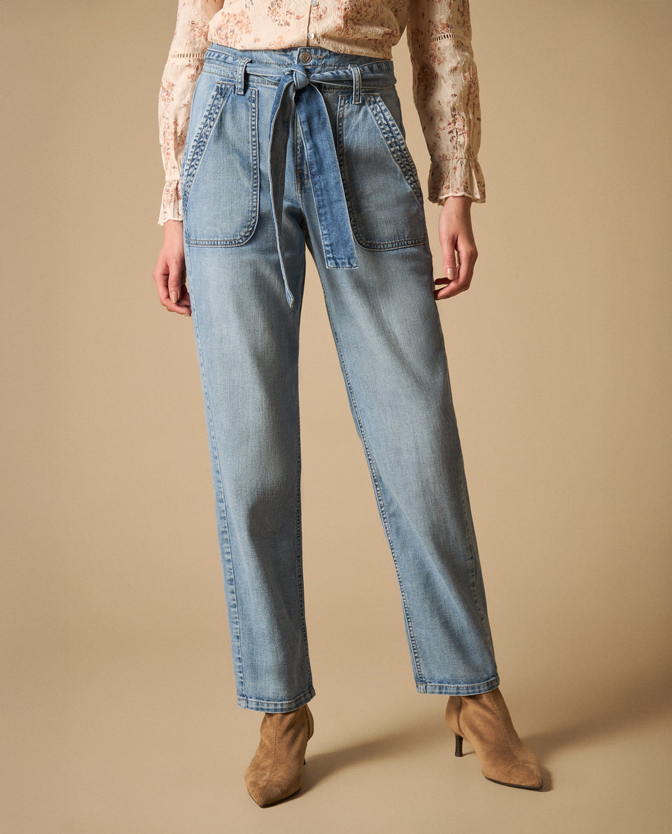 Pantalón con cinturón integrado y bolsillos bordados para mujer - Azul 34_671H000_AZU134110_3