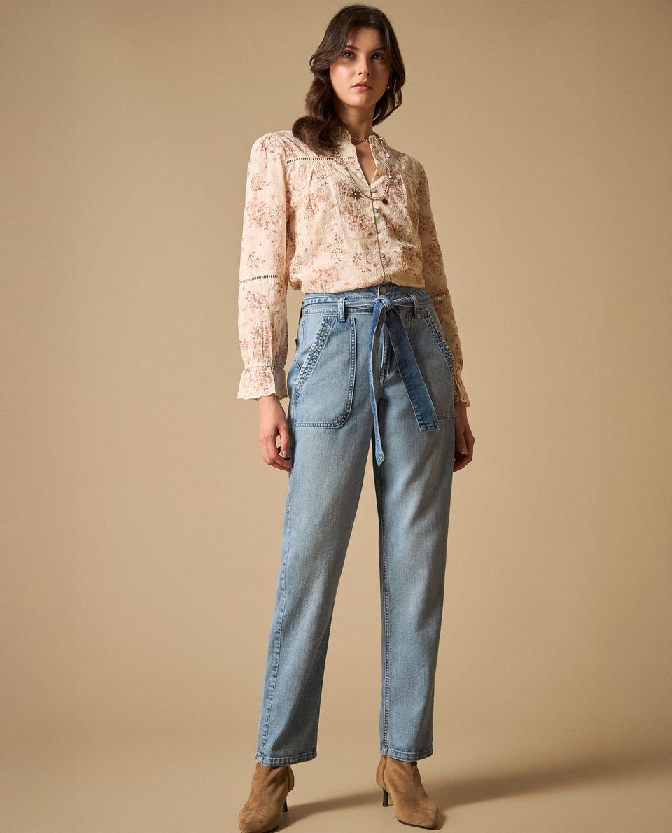 Pantalón con cinturón integrado y bolsillos bordados para mujer - Azul 34_671H000_AZU134110_7