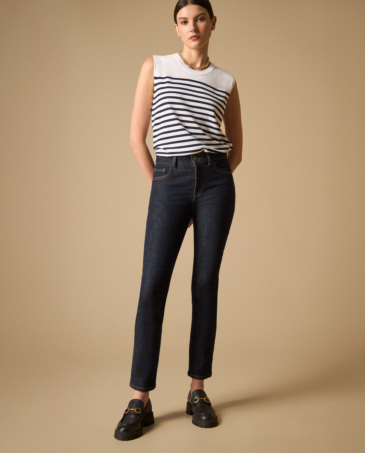 Jean recto talle alto cinco bolsillos para mujer - Azul 34_671H006_AZU193933_0