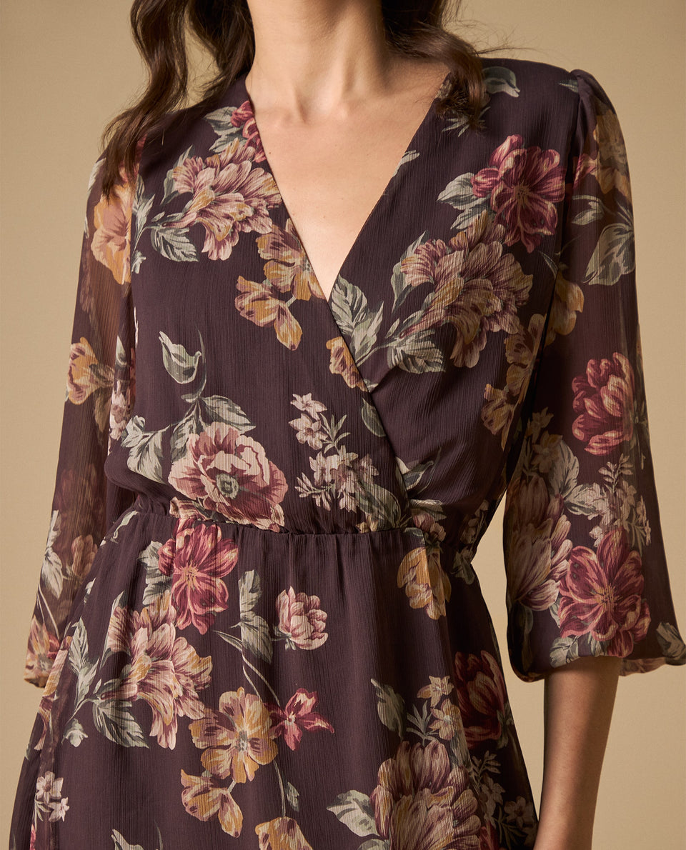 Vestido cruzado manga tres cuartos con estampado floral - Morado 34_691H000_MOR191619_3